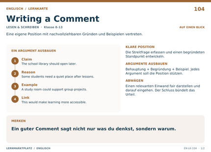 Englisch: Writing a Comment – A5-Lernkarte mit Übersicht und Selbstcheck