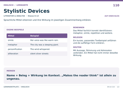 Englisch: Stylistic Devices – A5-Lernkarte mit Übersicht und Selbstcheck