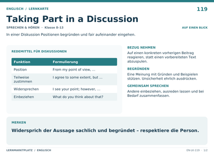 Englisch: Taking Part in a Discussion – A5-Lernkarte mit Übersicht und Selbstcheck