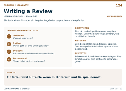 Englisch: Writing a Review – A5-Lernkarte mit Übersicht und Selbstcheck