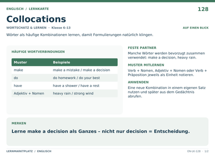 Englisch: Collocations – A5-Lernkarte mit Übersicht und Selbstcheck