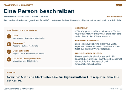 Französisch: Eine Person beschreiben – A5-Lernkarte mit Übersicht und Selbstcheck