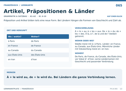Französisch: Artikel, Präpositionen & Länder – A5-Lernkarte mit Übersicht und Selbstcheck