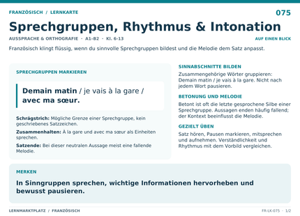 Französisch: Sprechgruppen, Rhythmus & Intonation – A5-Lernkarte mit Übersicht und Selbstcheck