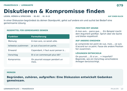Französisch: Diskutieren & Kompromisse finden – A5-Lernkarte mit Übersicht und Selbstcheck