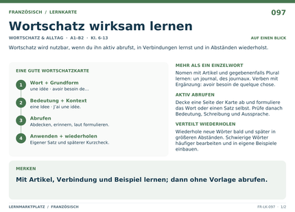 Französisch: Wortschatz wirksam lernen – A5-Lernkarte mit Übersicht und Selbstcheck