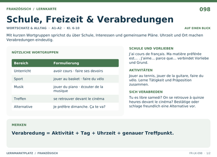 Französisch: Schule, Freizeit & Verabredungen – A5-Lernkarte mit Übersicht und Selbstcheck
