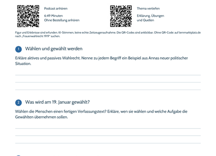 Hörarbeitsblatt zum Podcast Frauenwahlrecht 1919 mit Anna, Höraufgaben und QR-Codes