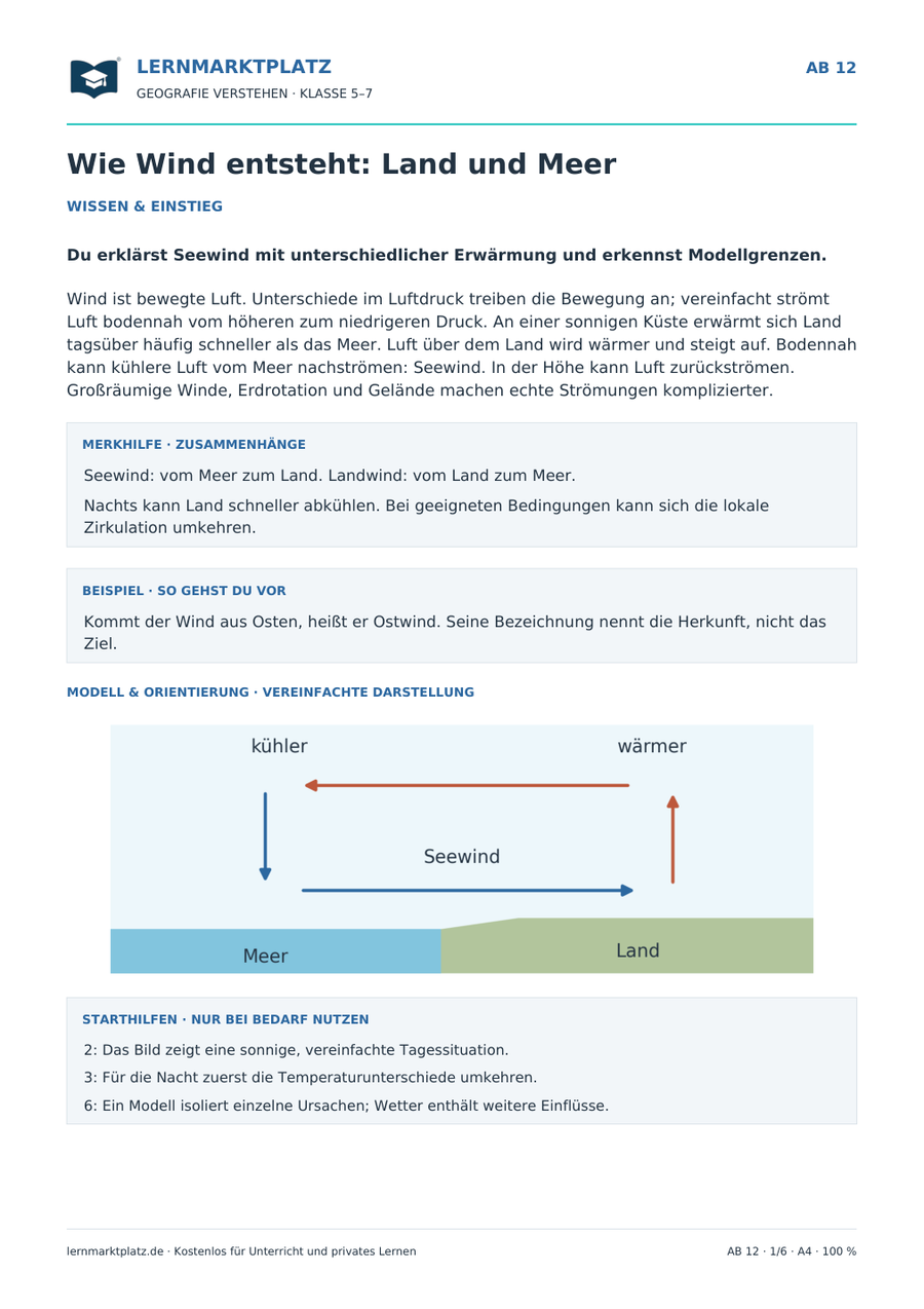 Wie Wind entsteht: Land und Meer – Vorschau des Arbeitsblatts