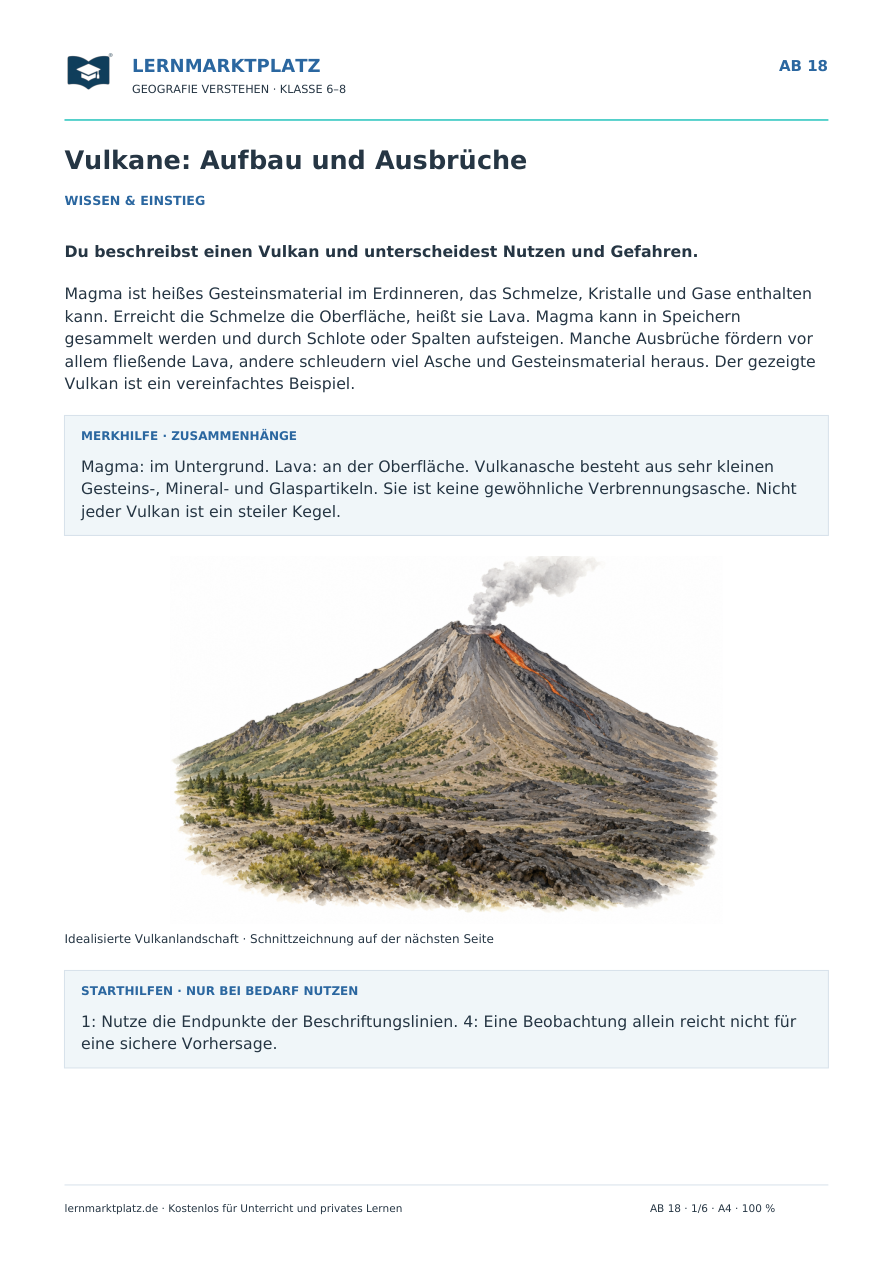 Vulkane: Aufbau und Ausbrüche – Vorschau des Arbeitsblatts