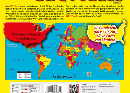 AMIGO GeoPuzzle Welt – Rückseite mit vollständiger Karte und Produktinformationen