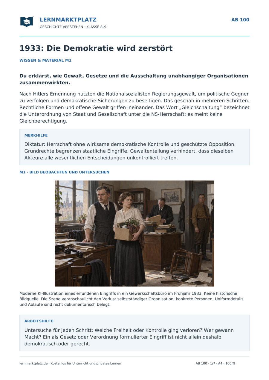 Vorschau des Arbeitsblatts „1933: Die Demokratie wird zerstört“ für Klasse 8–9