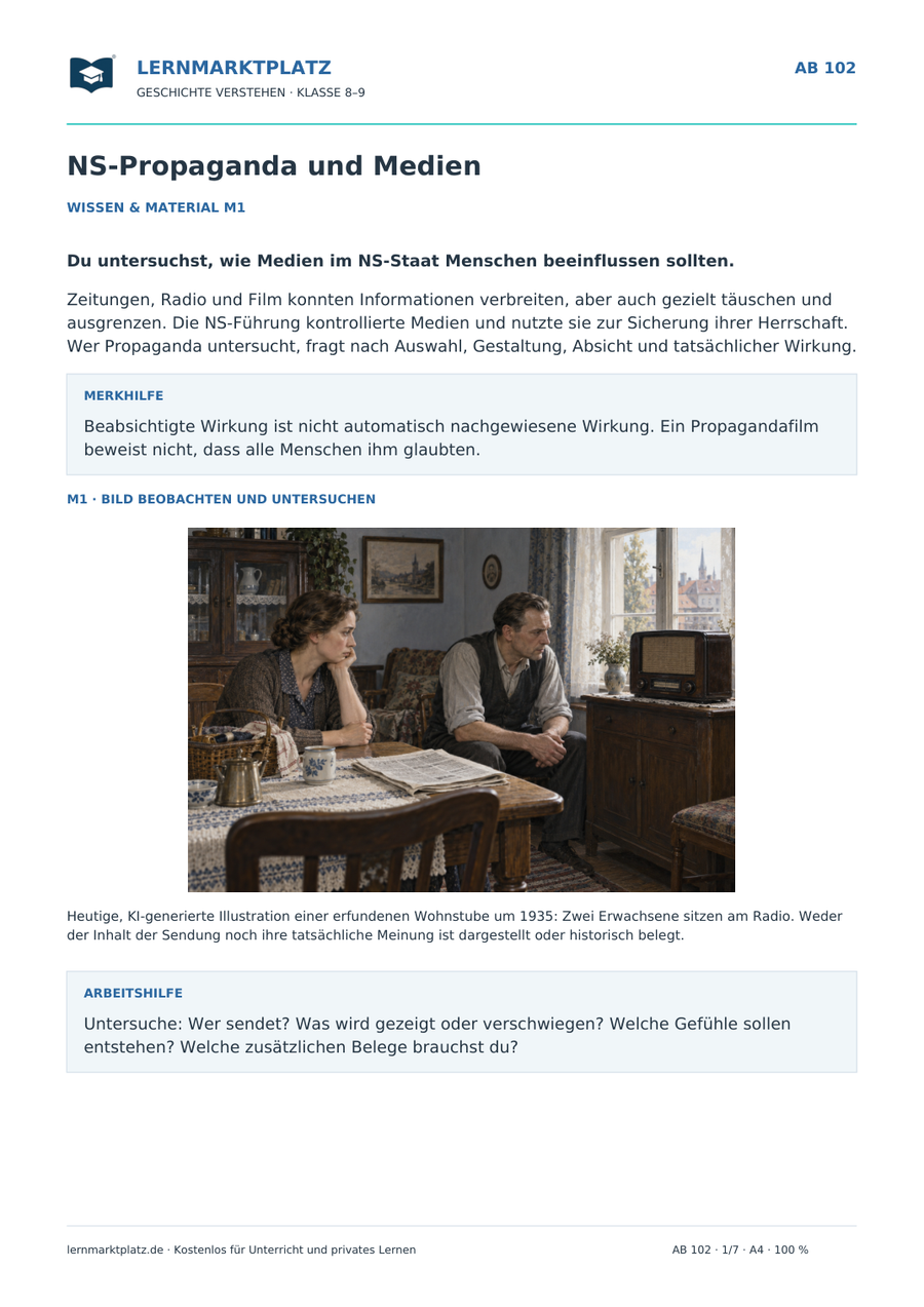Vorschau des Arbeitsblatts „NS-Propaganda und Medien“ für Klasse 8–9