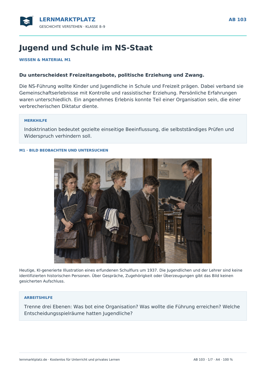 Vorschau des Arbeitsblatts „Jugend und Schule im NS-Staat“ für Klasse 8–9