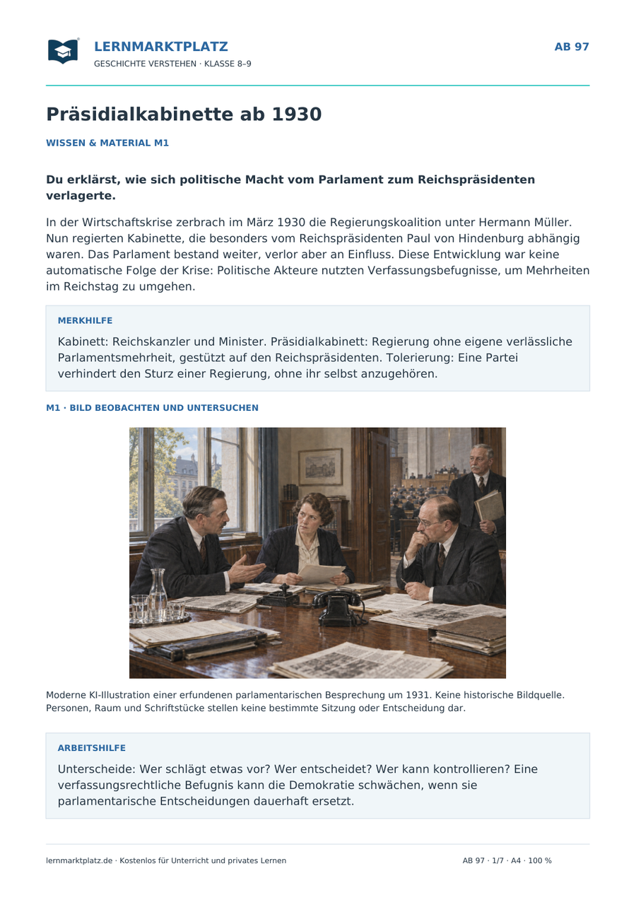 Vorschau des Arbeitsblatts „Präsidialkabinette ab 1930“ für Klasse 8–9