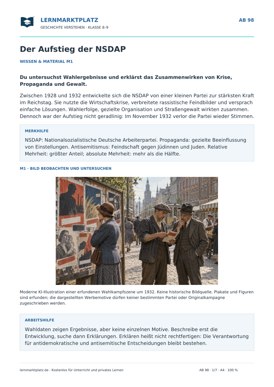 Vorschau des Arbeitsblatts „Der Aufstieg der NSDAP“ für Klasse 8–9