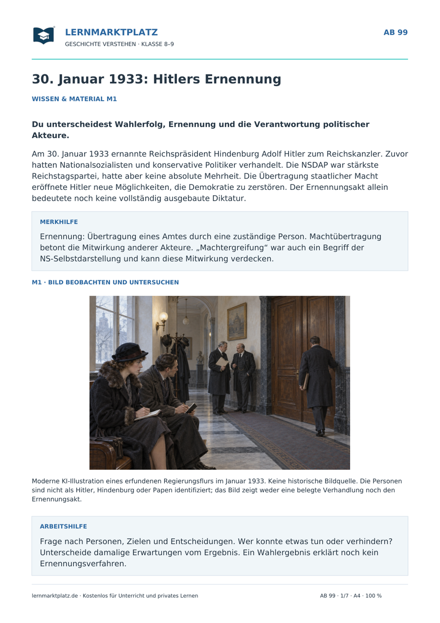 Vorschau des Arbeitsblatts „30. Januar 1933: Hitlers Ernennung“ für Klasse 8–9