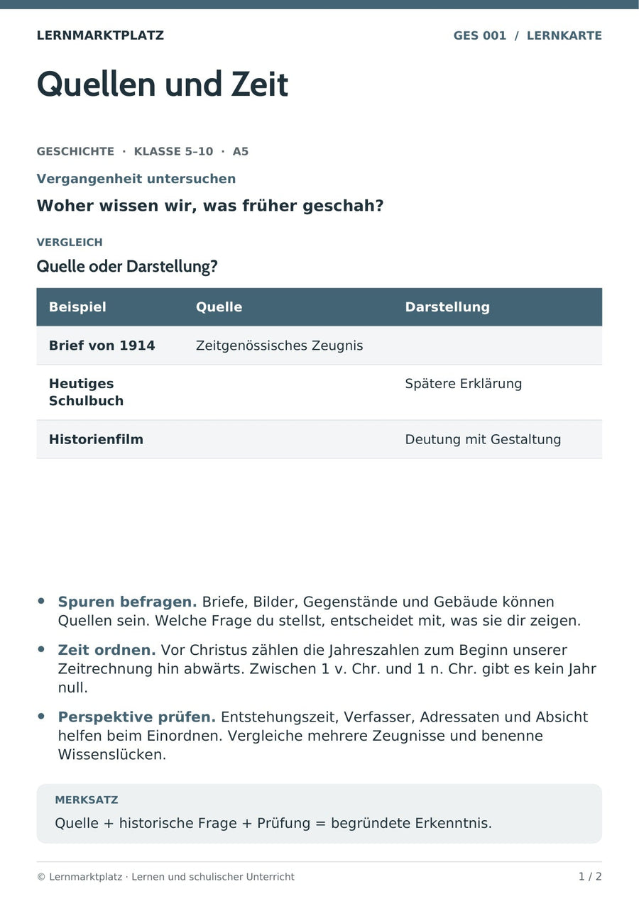 Geschichte: Quellen und Zeit – Vorderseite der A5-Lernkarte