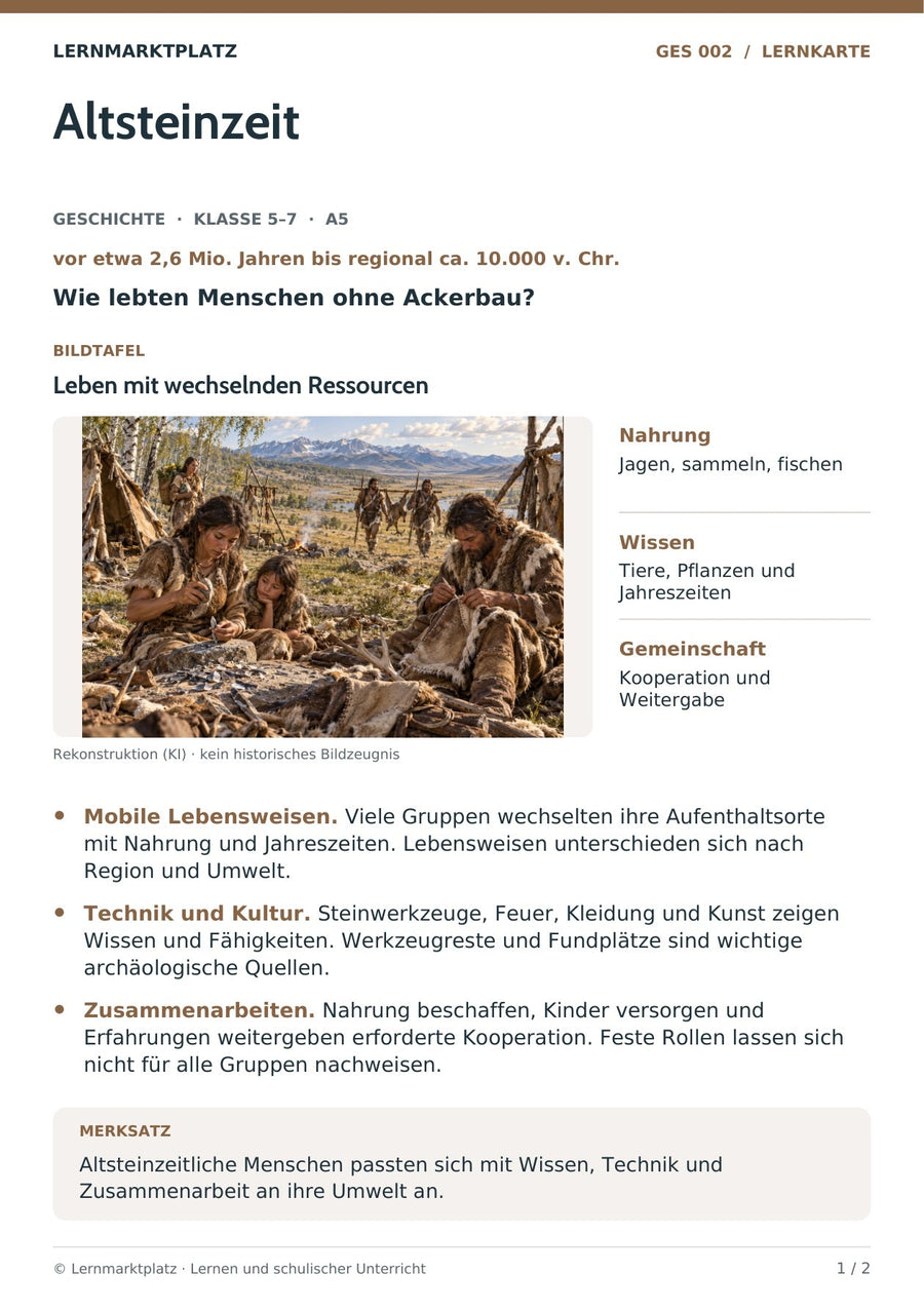 Geschichte: Altsteinzeit – Vorderseite der A5-Lernkarte