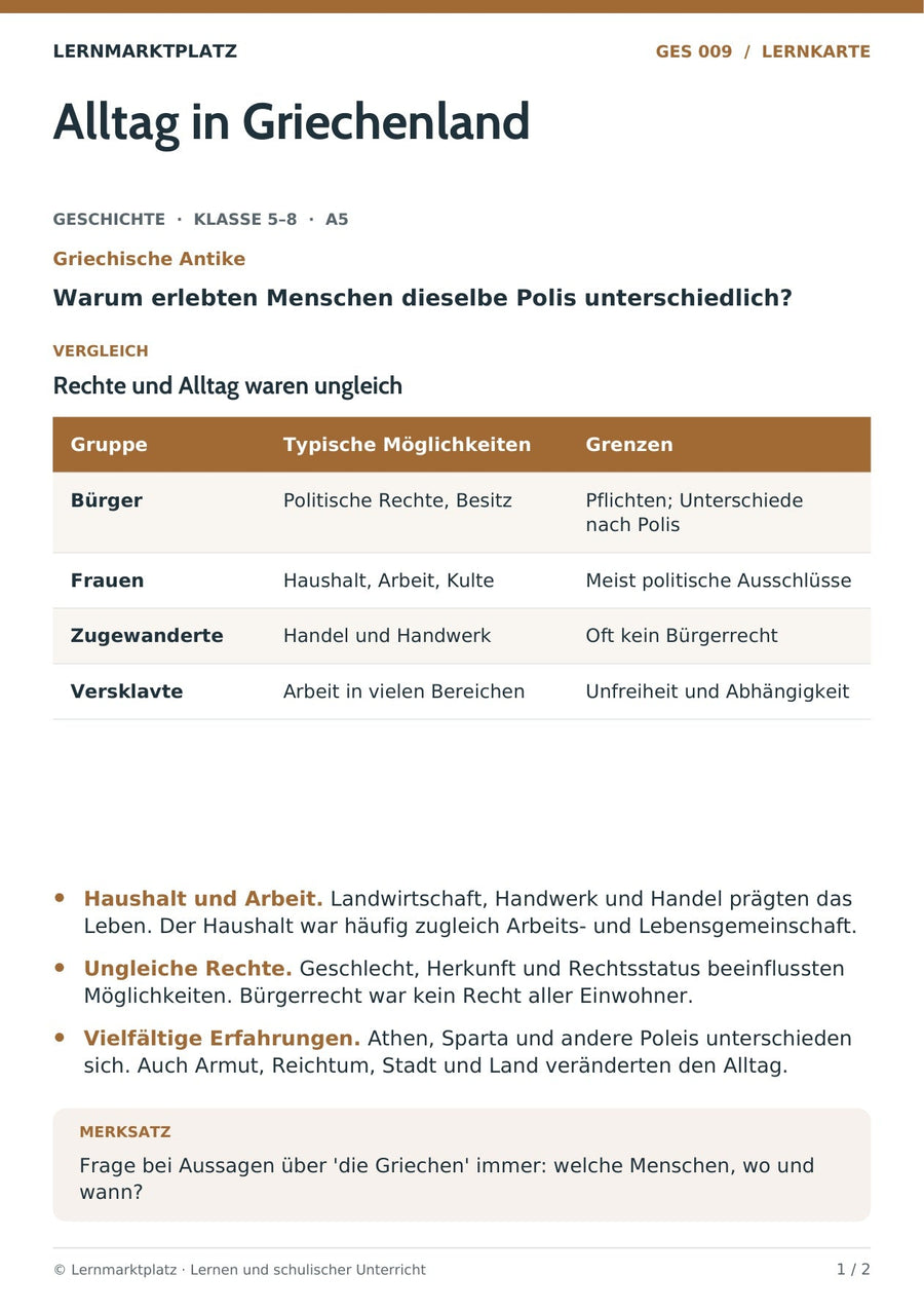 Geschichte: Alltag in Griechenland – Vorderseite der A5-Lernkarte