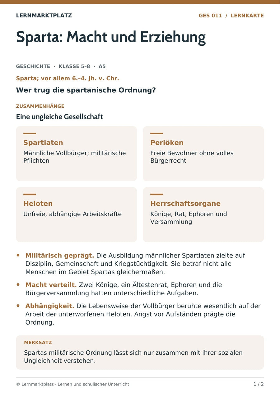 Geschichte: Sparta: Macht und Erziehung – Vorderseite der A5-Lernkarte