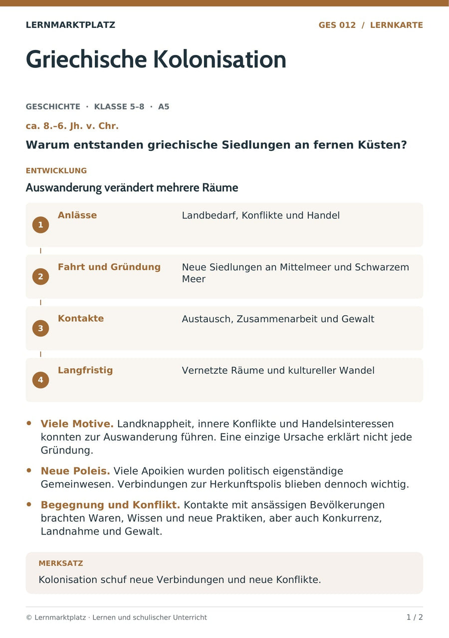 Geschichte: Griechische Kolonisation – Vorderseite der A5-Lernkarte