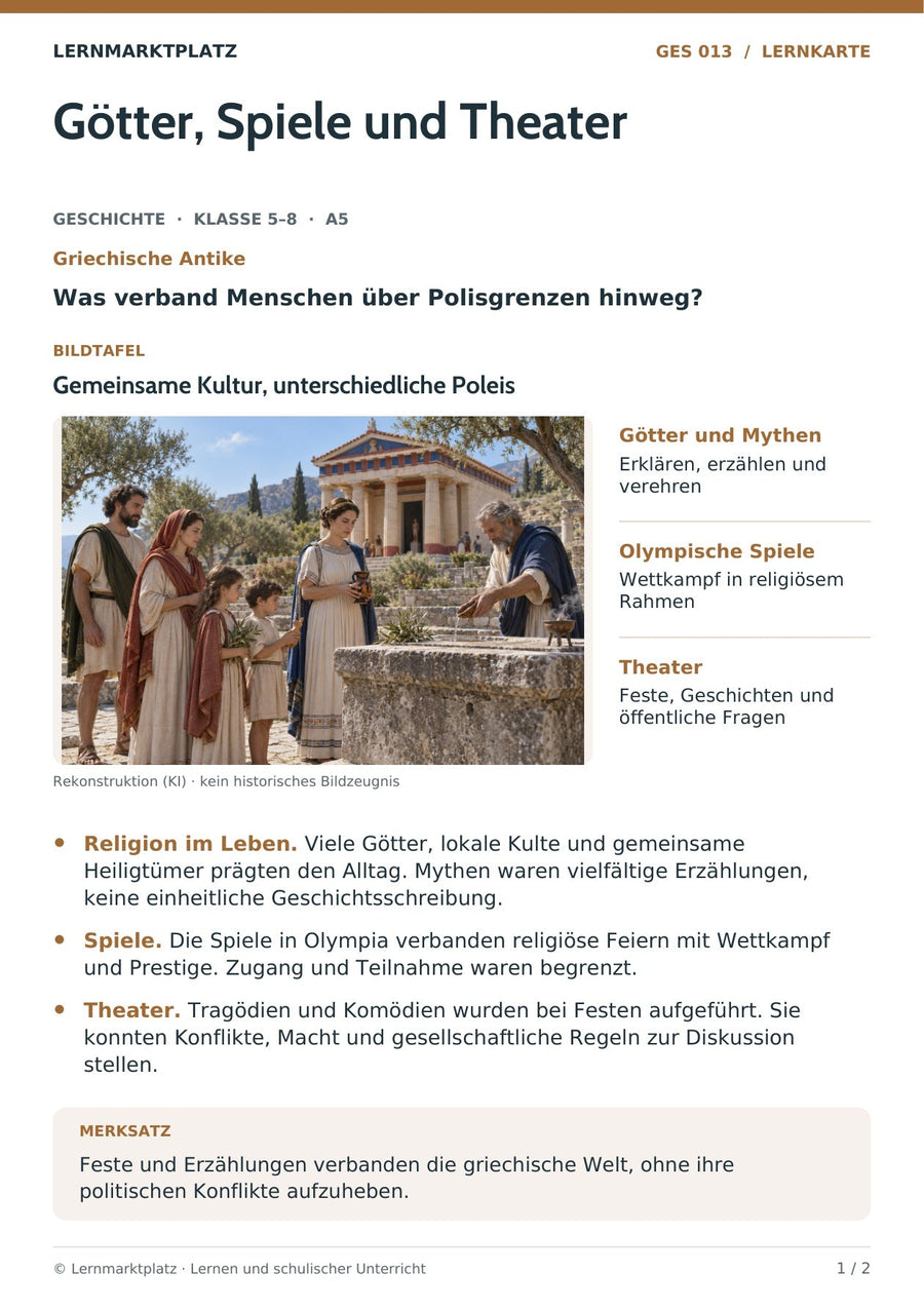 Geschichte: Götter, Spiele und Theater – Vorderseite der A5-Lernkarte