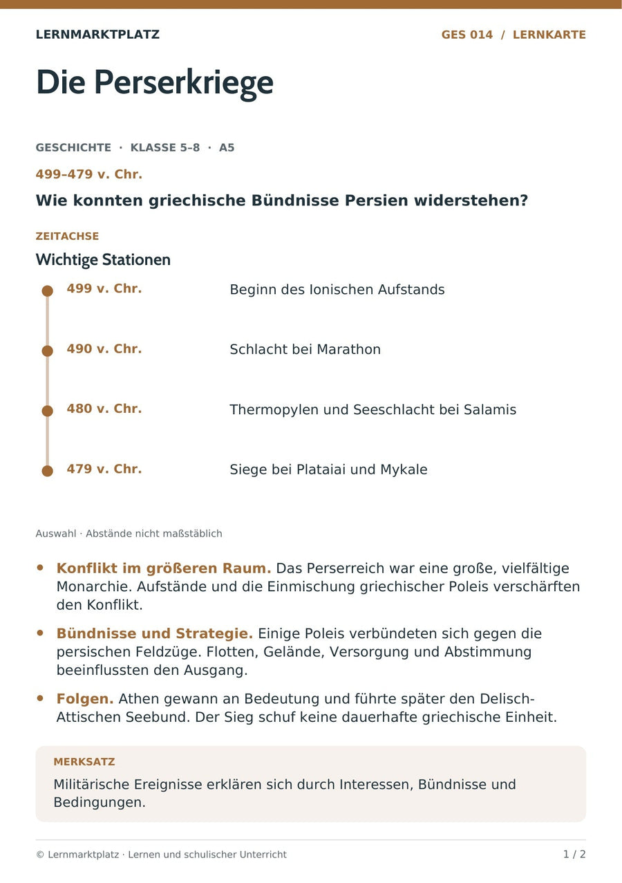 Geschichte: Die Perserkriege – Vorderseite der A5-Lernkarte