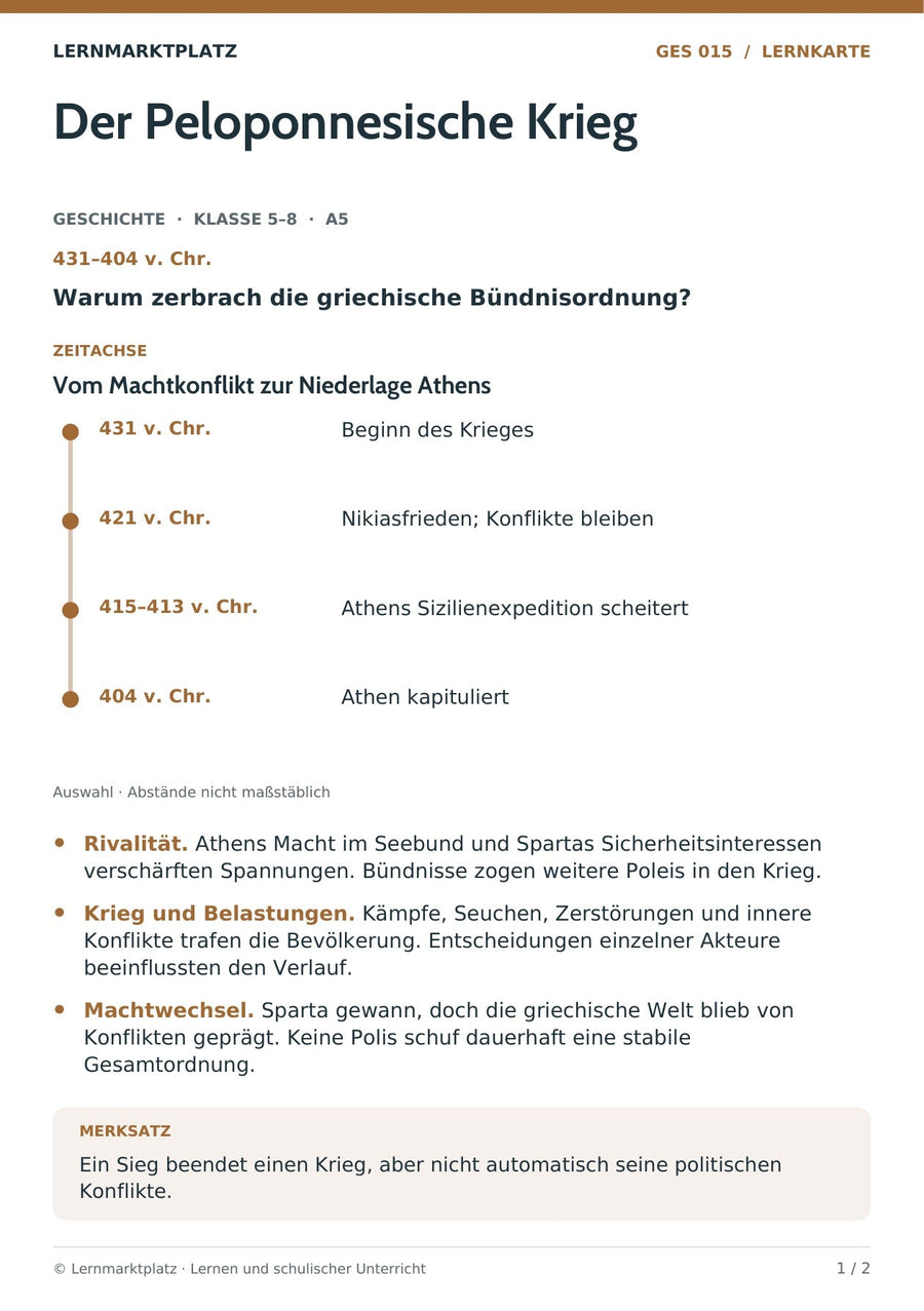 Geschichte: Der Peloponnesische Krieg – Vorderseite der A5-Lernkarte