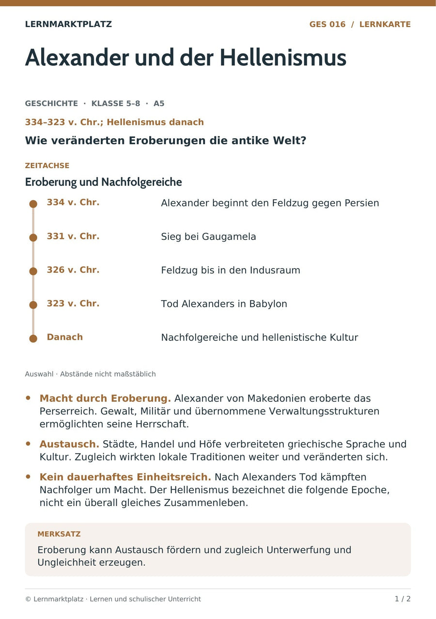 Geschichte: Alexander und der Hellenismus – Vorderseite der A5-Lernkarte