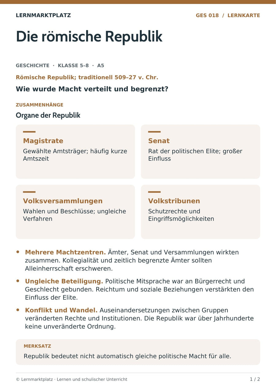 Geschichte: Die römische Republik – Vorderseite der A5-Lernkarte