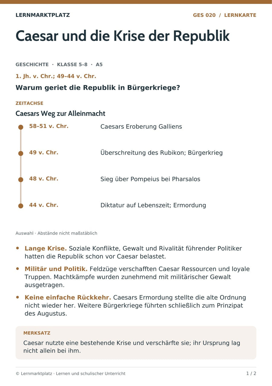 Geschichte: Caesar und die Krise der Republik – Vorderseite der A5-Lernkarte