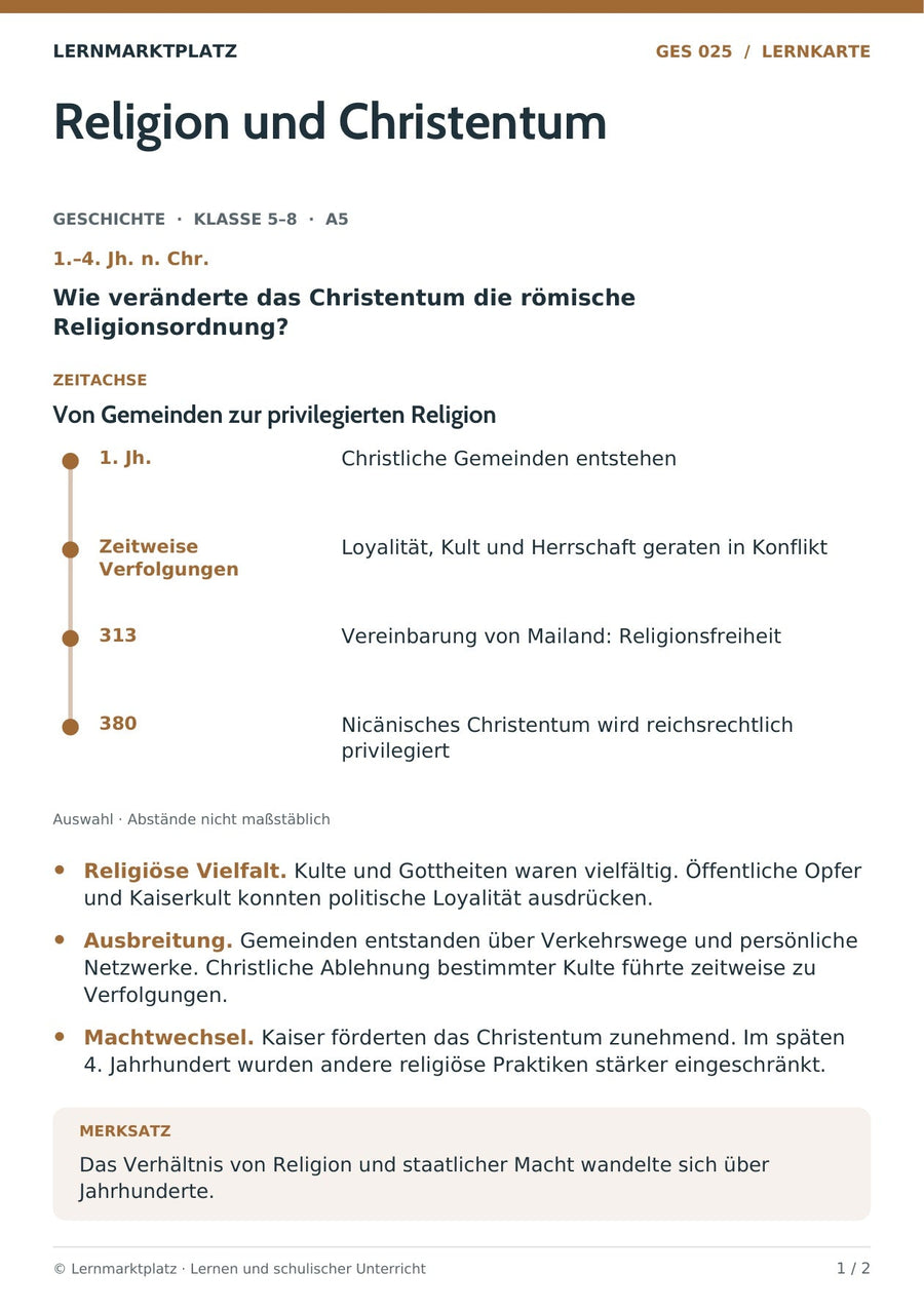 Geschichte: Religion und Christentum – Vorderseite der A5-Lernkarte