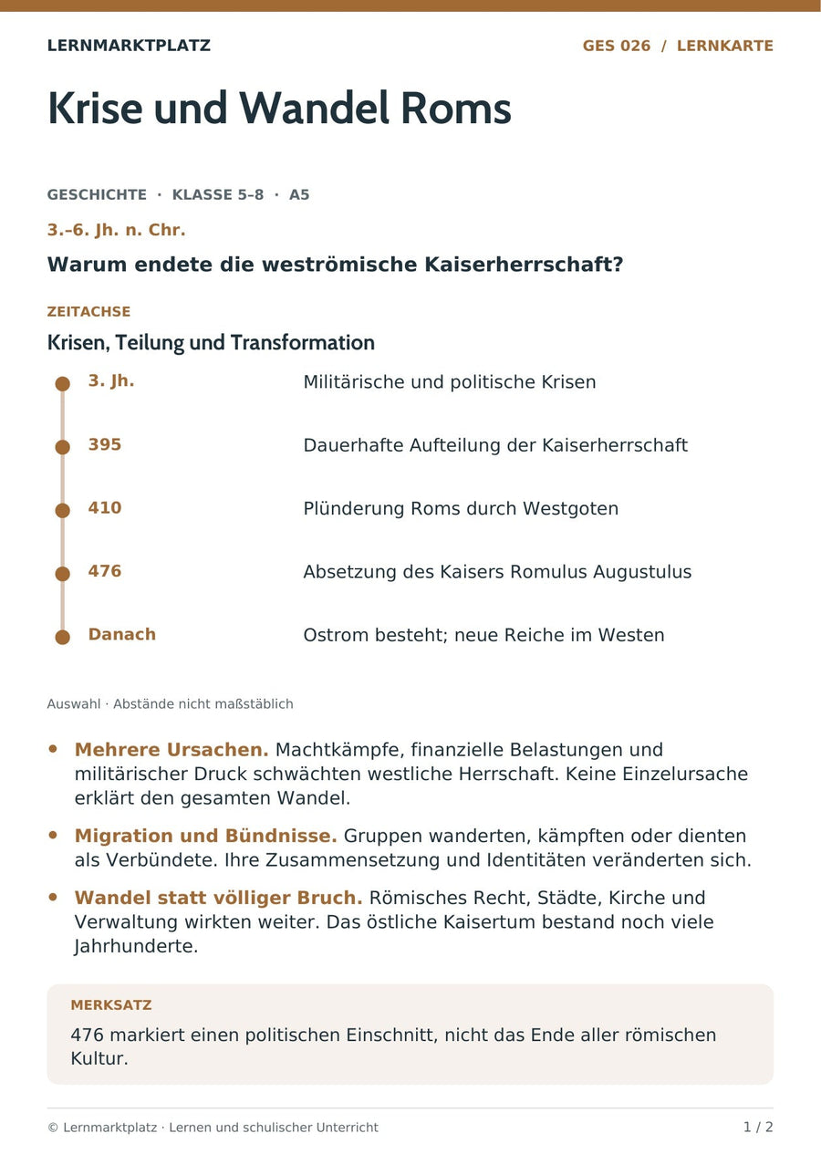 Geschichte: Krise und Wandel Roms – Vorderseite der A5-Lernkarte