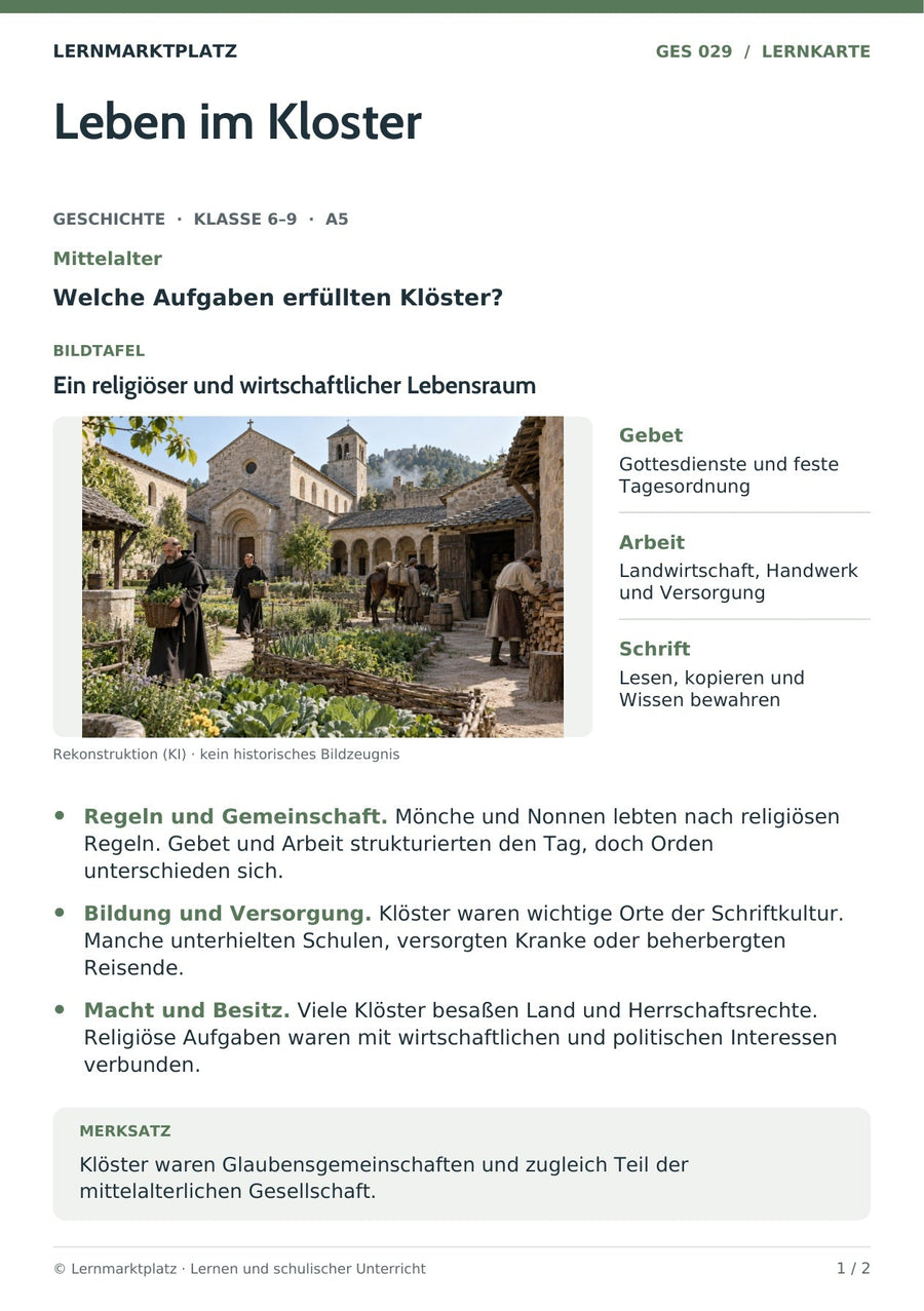 Geschichte: Leben im Kloster – Vorderseite der A5-Lernkarte