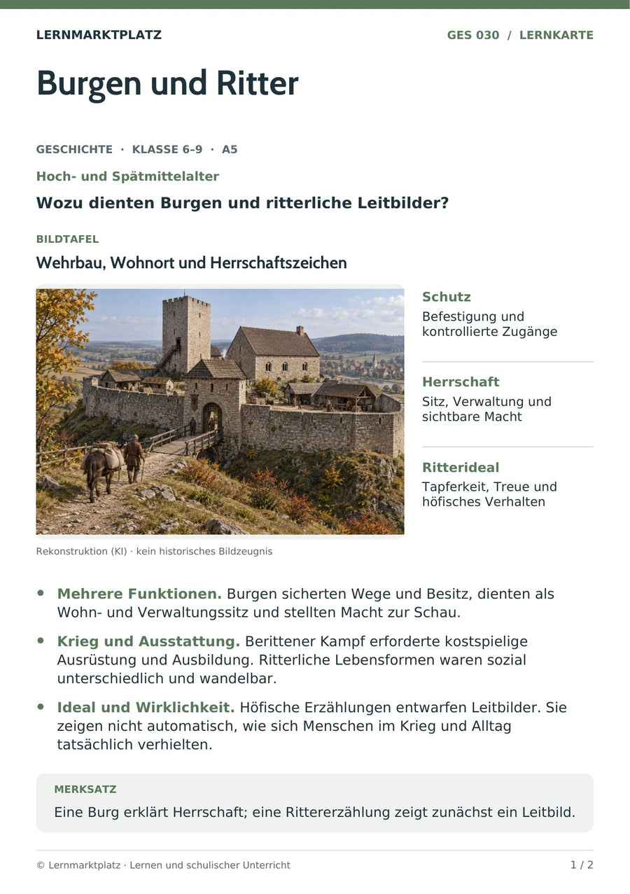 Geschichte: Burgen und Ritter – Vorderseite der A5-Lernkarte