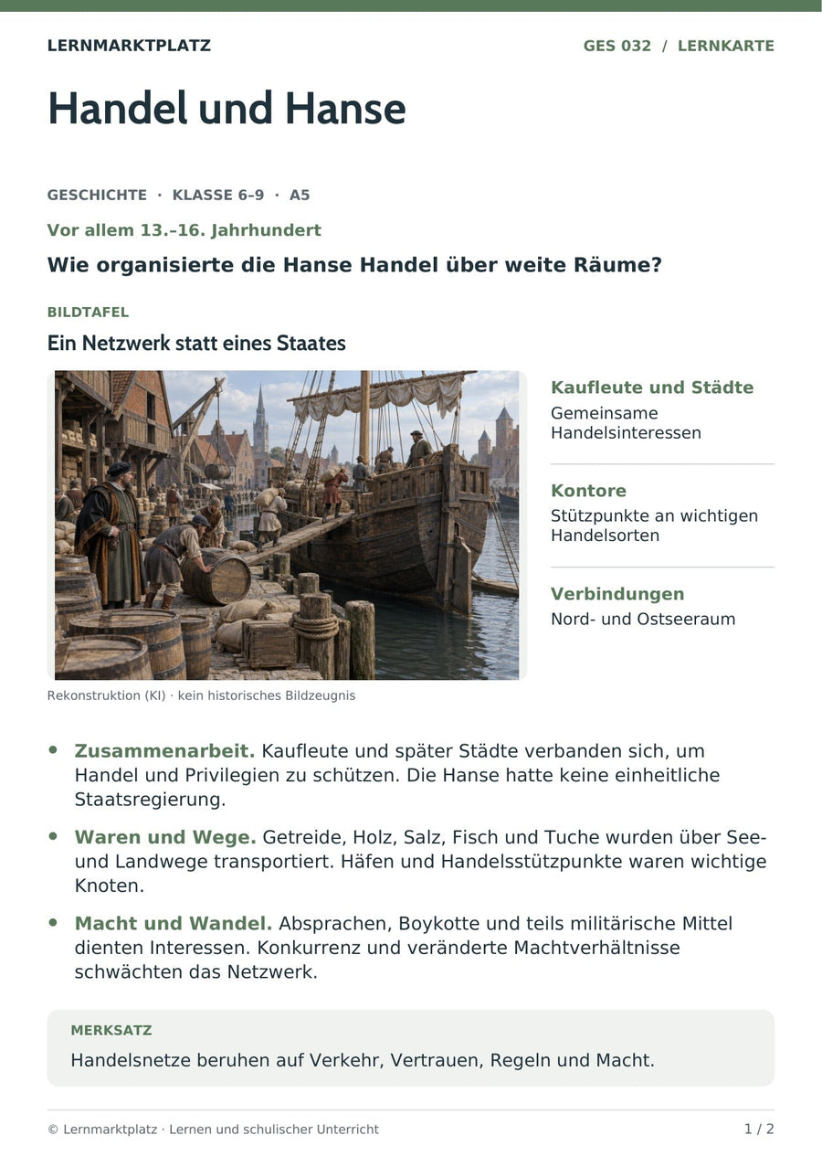 Geschichte: Handel und Hanse – Vorderseite der A5-Lernkarte
