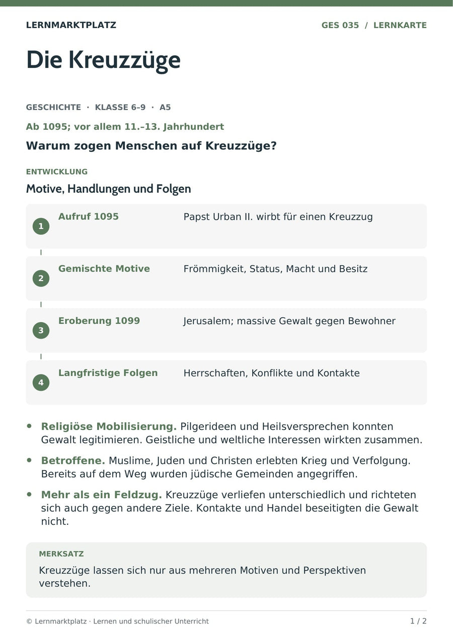 Geschichte: Die Kreuzzüge – Vorderseite der A5-Lernkarte