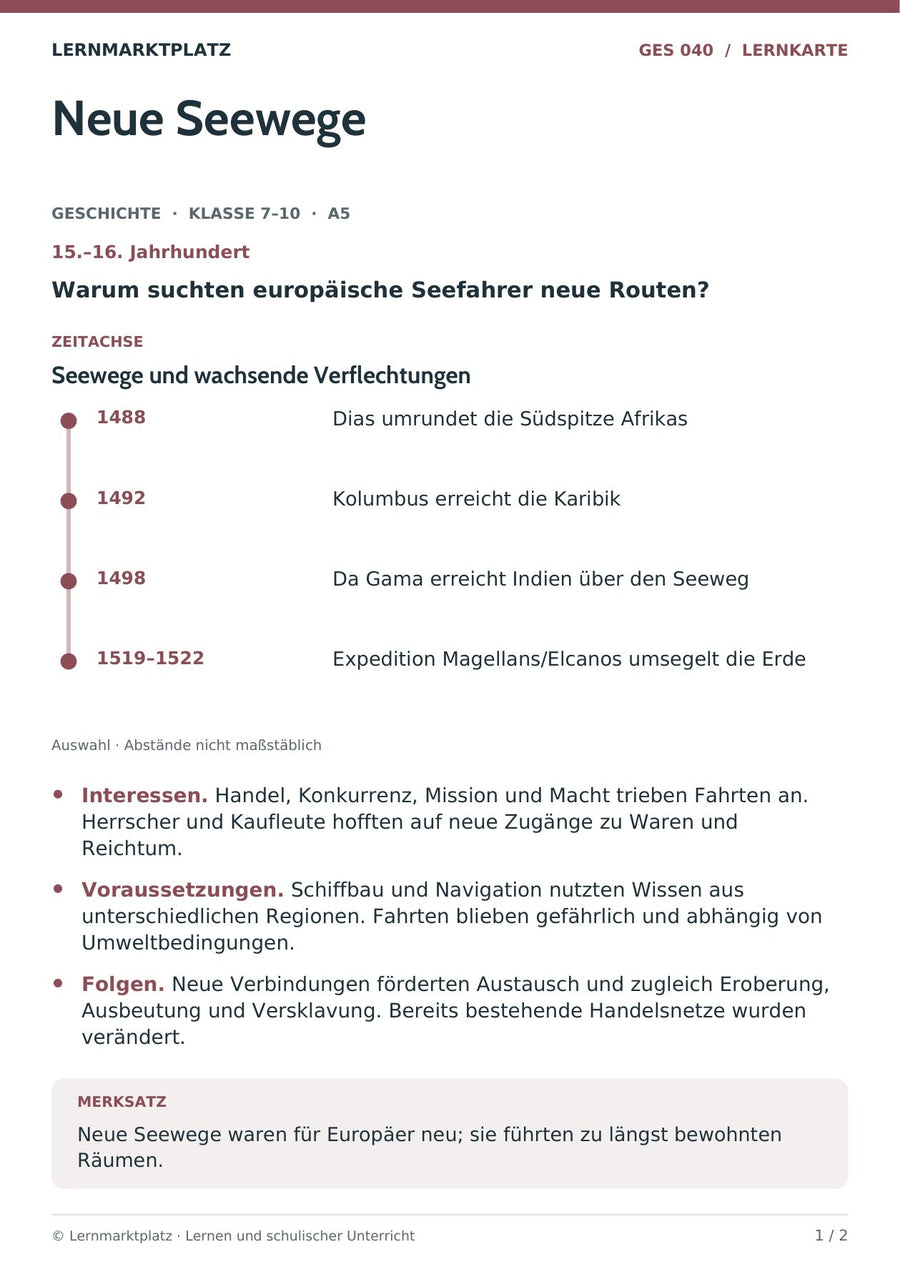 Geschichte: Neue Seewege – Vorderseite der A5-Lernkarte