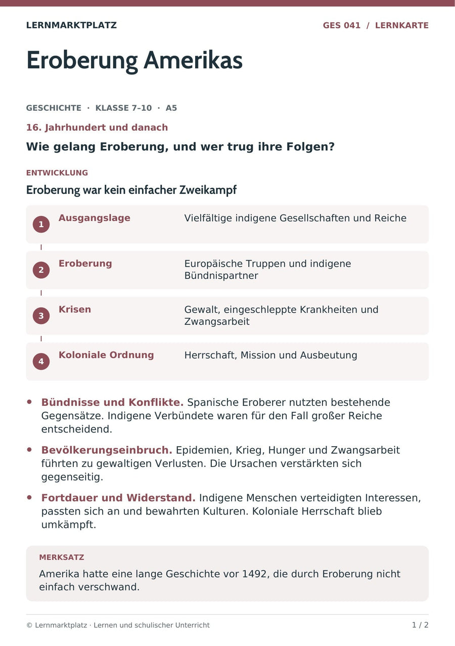 Geschichte: Eroberung Amerikas – Vorderseite der A5-Lernkarte