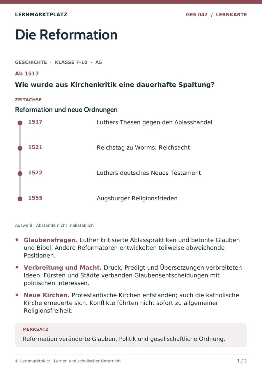 Geschichte: Die Reformation – Vorderseite der A5-Lernkarte
