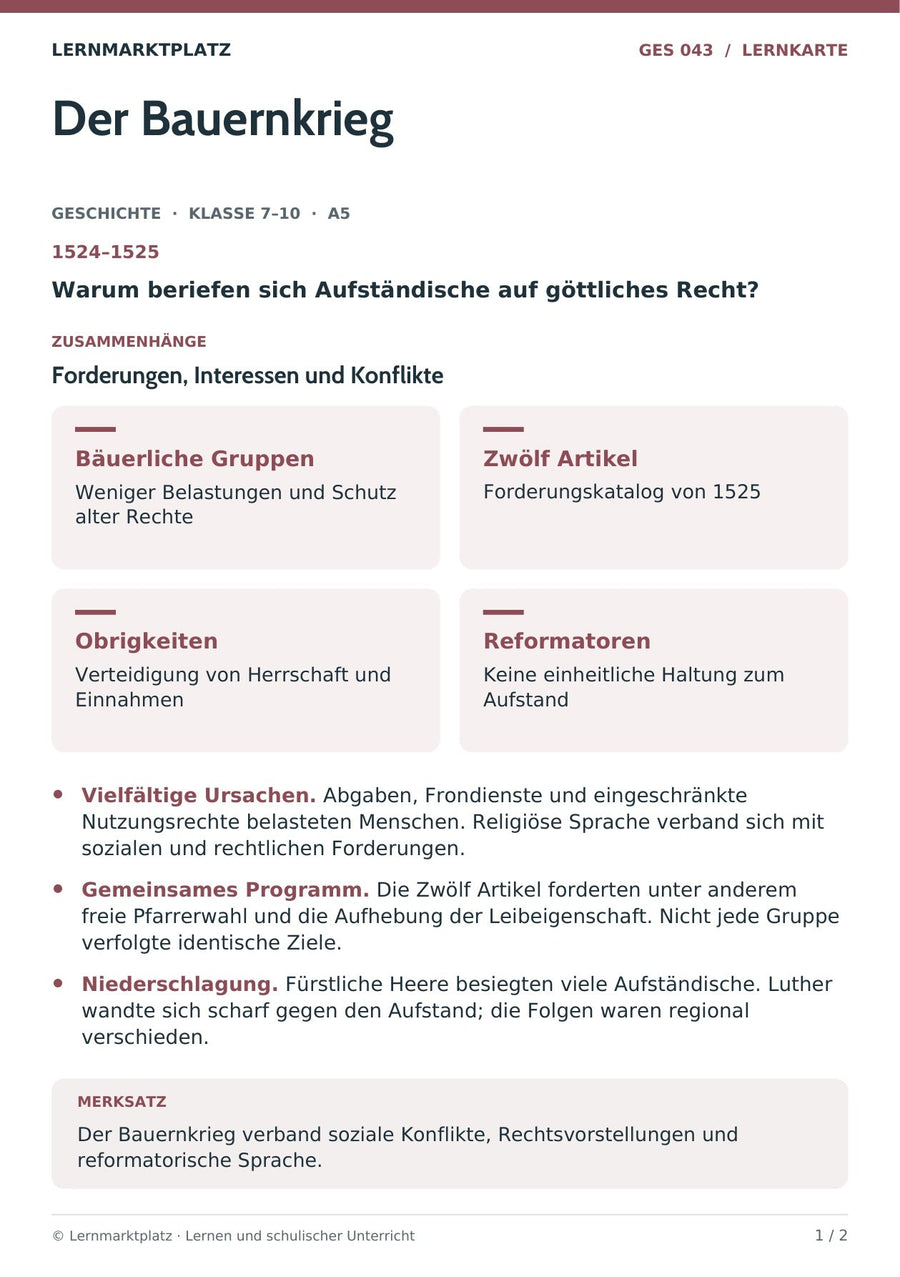 Geschichte: Der Bauernkrieg – Vorderseite der A5-Lernkarte