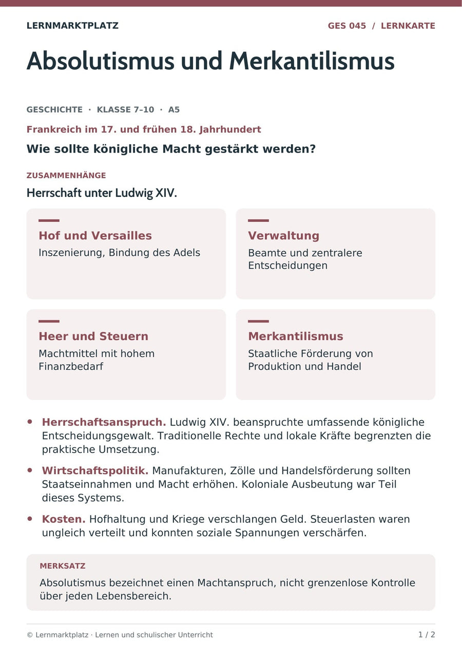 Geschichte: Absolutismus und Merkantilismus – Vorderseite der A5-Lernkarte