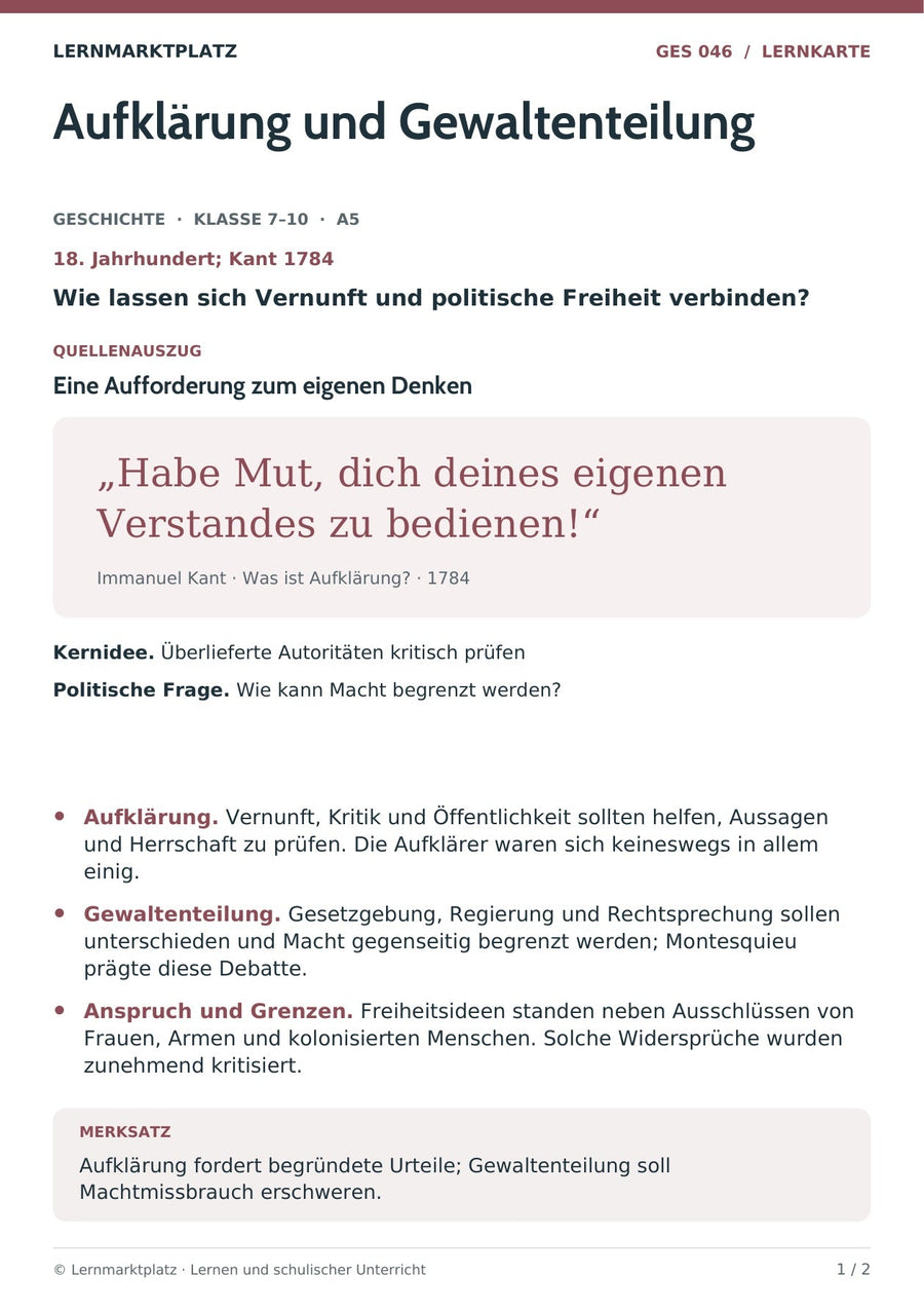 Geschichte: Aufklärung und Gewaltenteilung – Vorderseite der A5-Lernkarte