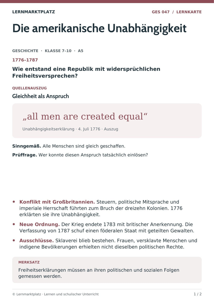 Geschichte: Die amerikanische Unabhängigkeit – Vorderseite der A5-Lernkarte