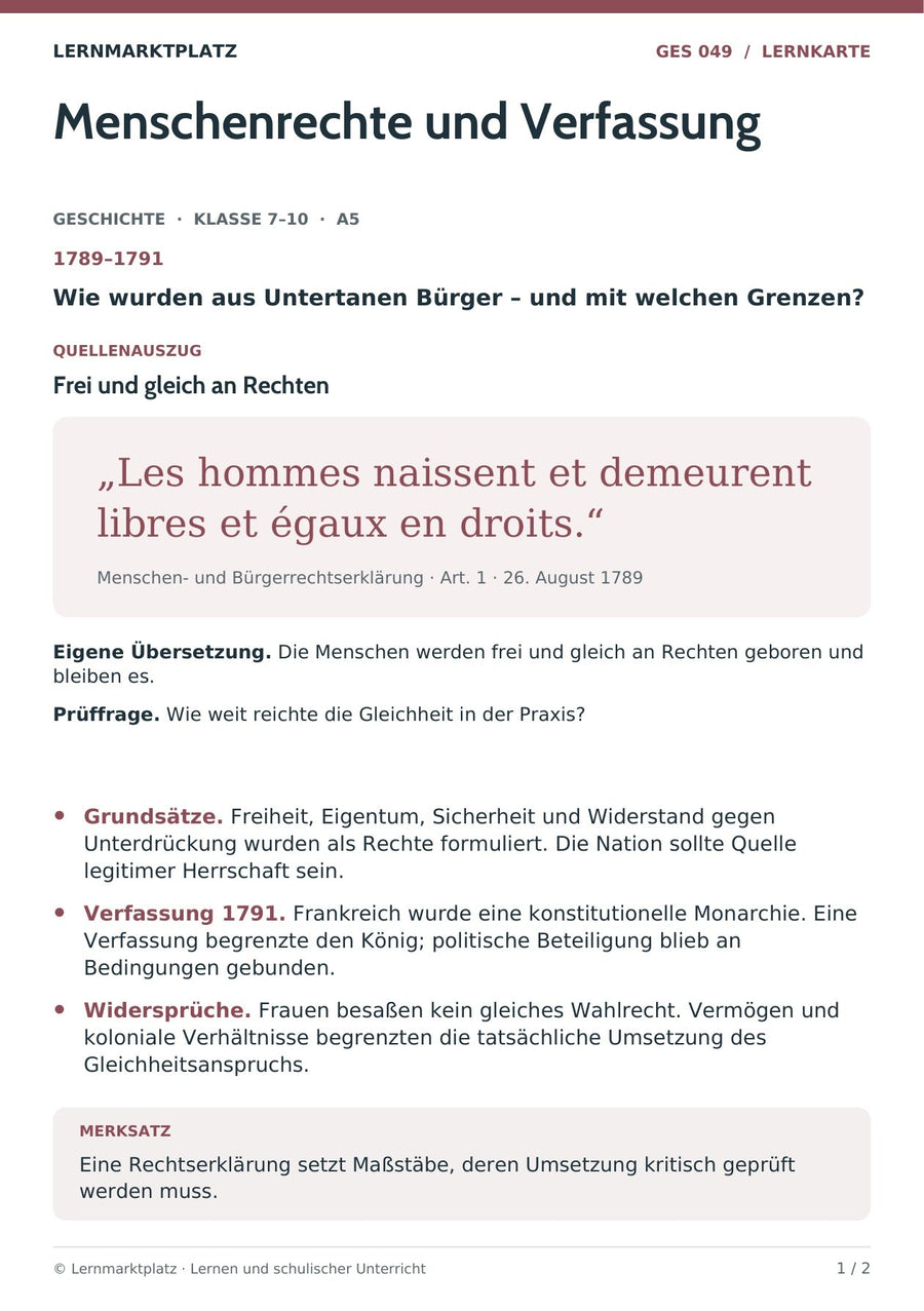 Geschichte: Menschenrechte und Verfassung – Vorderseite der A5-Lernkarte