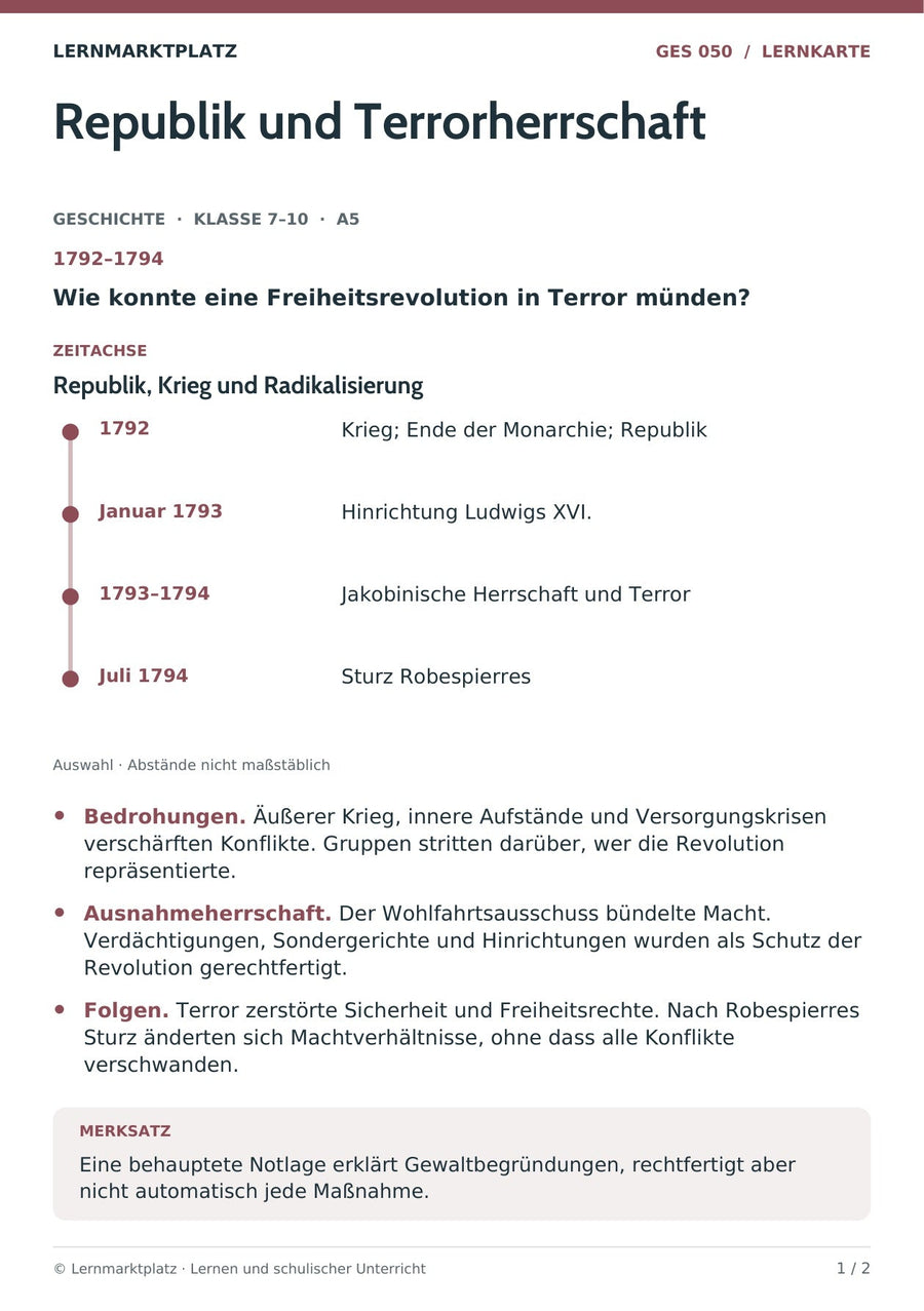 Geschichte: Republik und Terrorherrschaft – Vorderseite der A5-Lernkarte