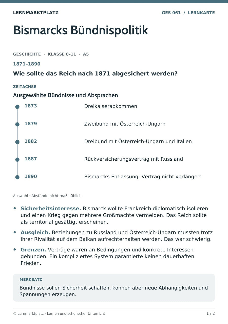 Geschichte: Bismarcks Bündnispolitik – Vorderseite der A5-Lernkarte