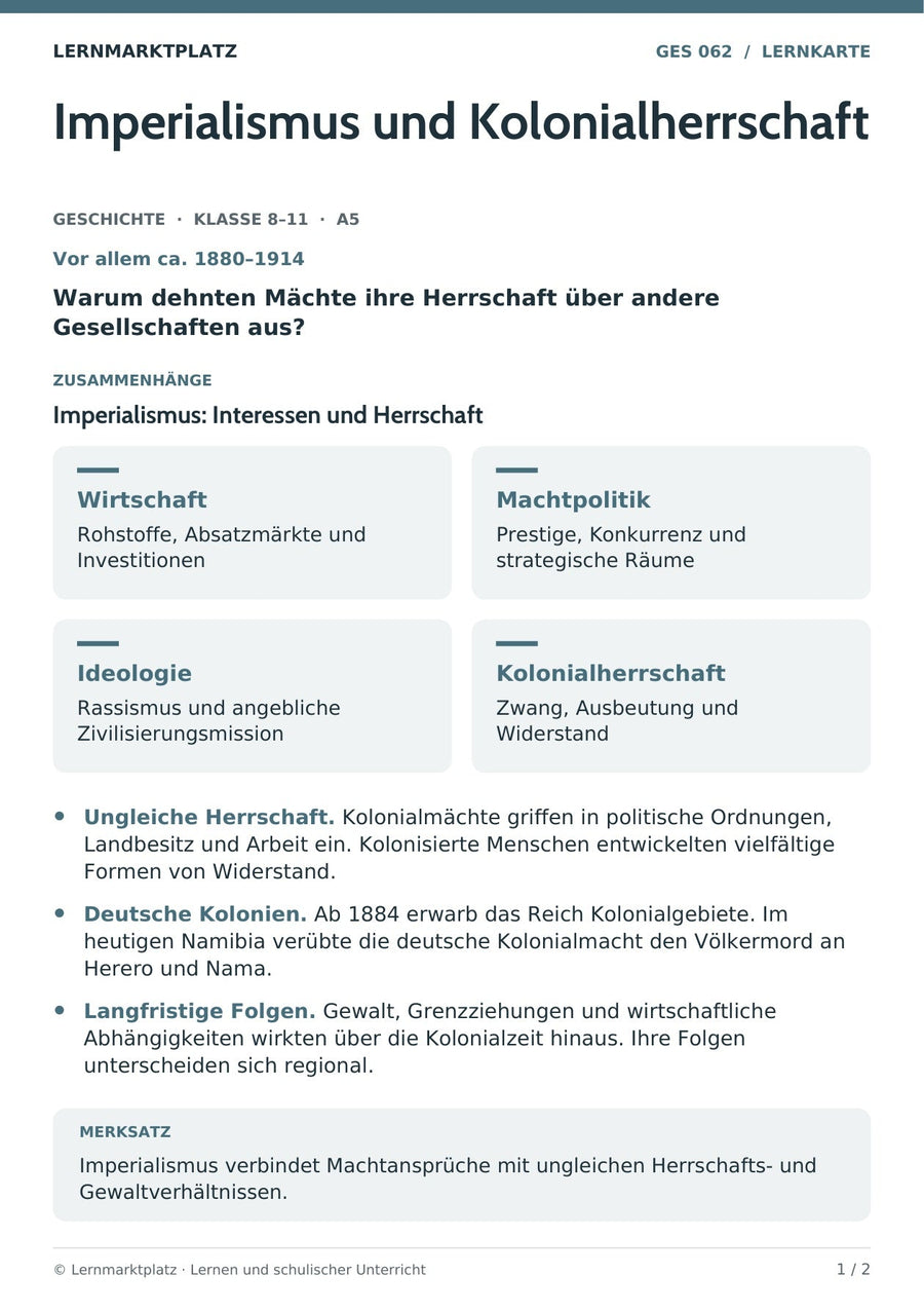 Geschichte: Imperialismus und Kolonialherrschaft – Vorderseite der A5-Lernkarte