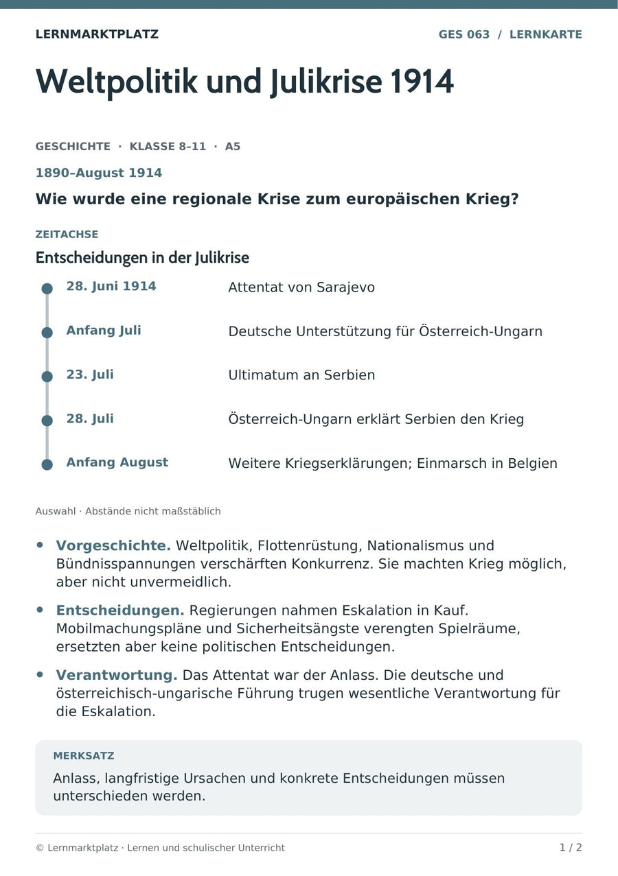 Geschichte: Weltpolitik und Julikrise 1914 – Vorderseite der A5-Lernkarte